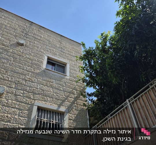קיר אבן עם חלון וסורגים ועץ ירוק